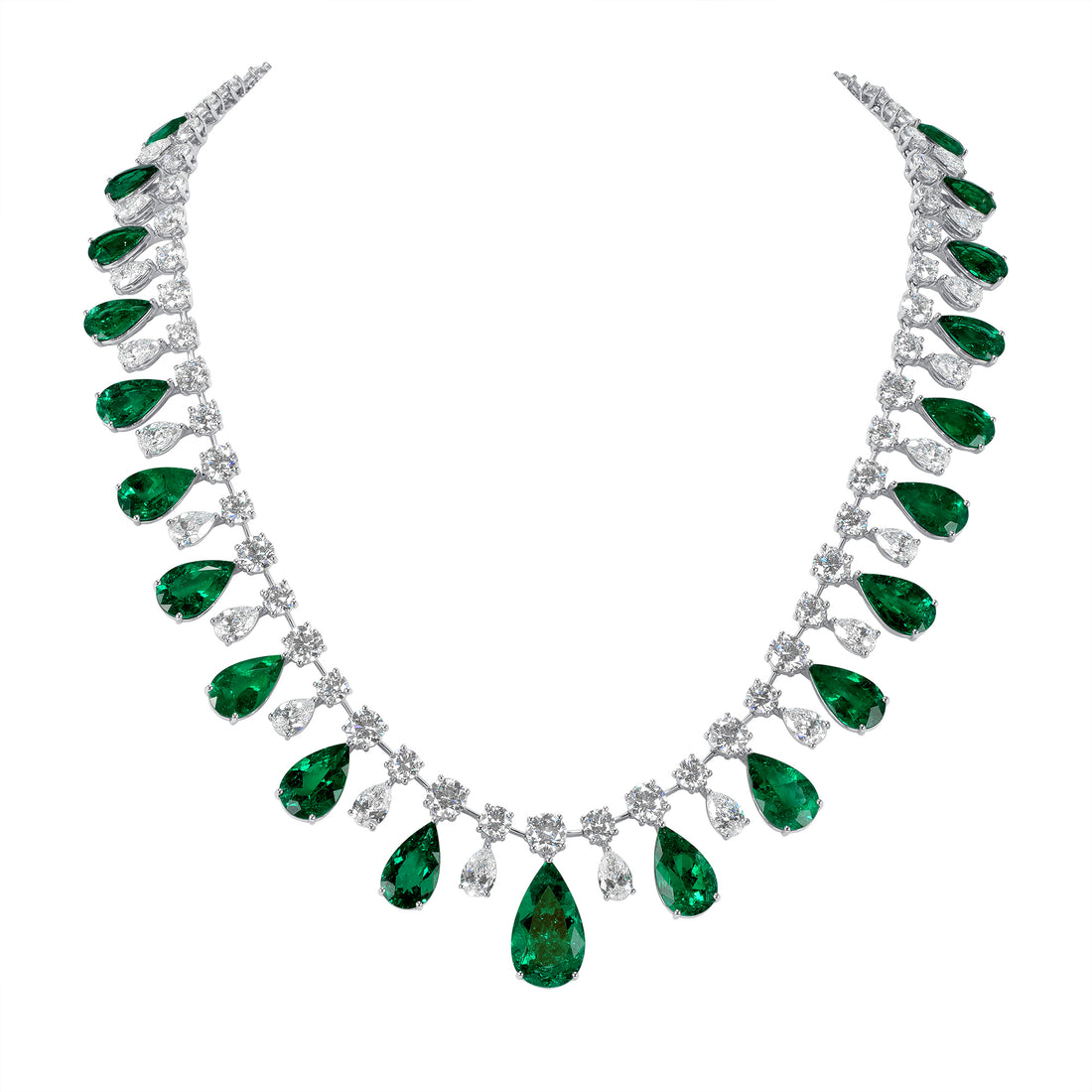 Pear Shape Emerald and Pear Shape and Round Brilliant Diamond Necklace