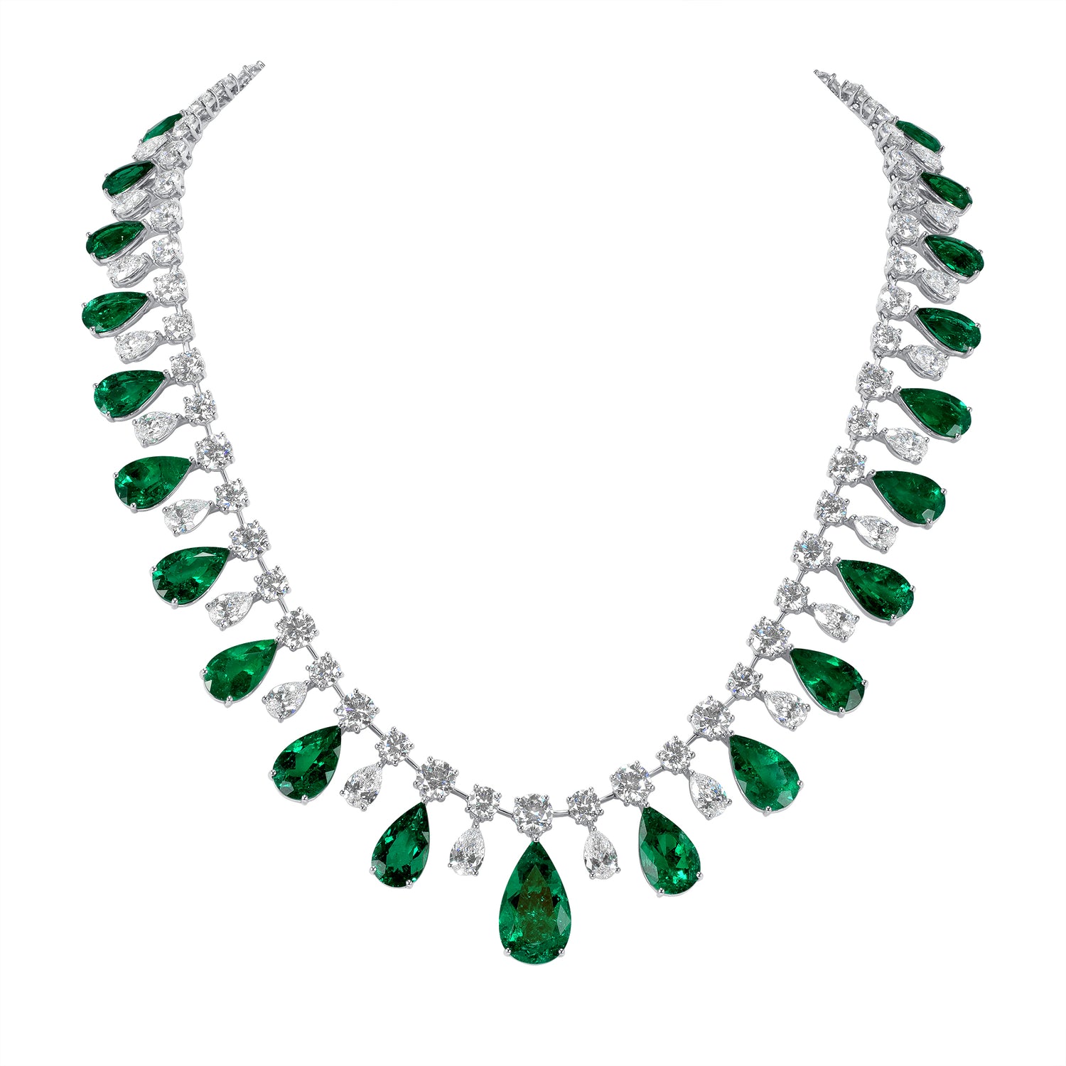 Pear Shape Emerald and Pear Shape and Round Brilliant Diamond Necklace