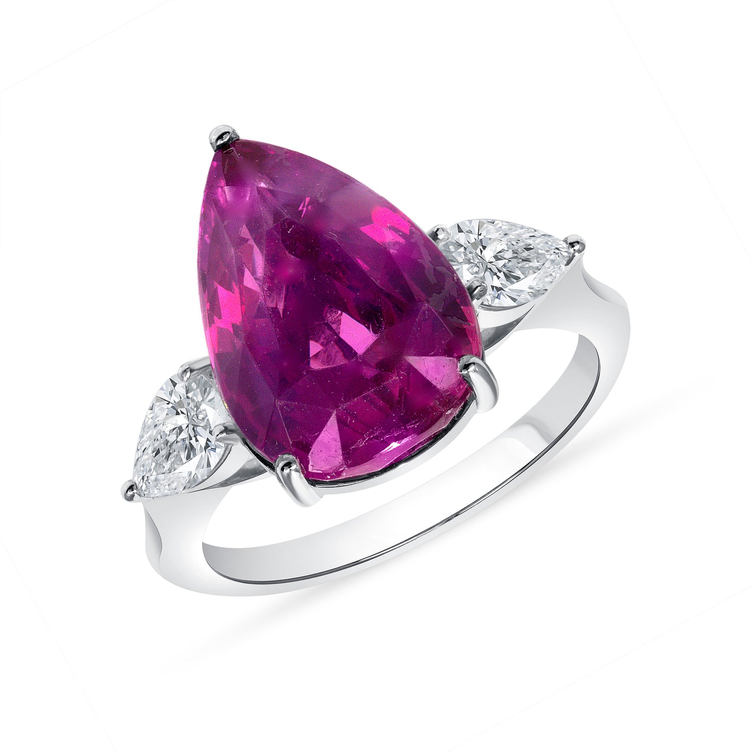 Platinum Pear Shape Ruby and Pear Shape Diamond Three Stone Ring