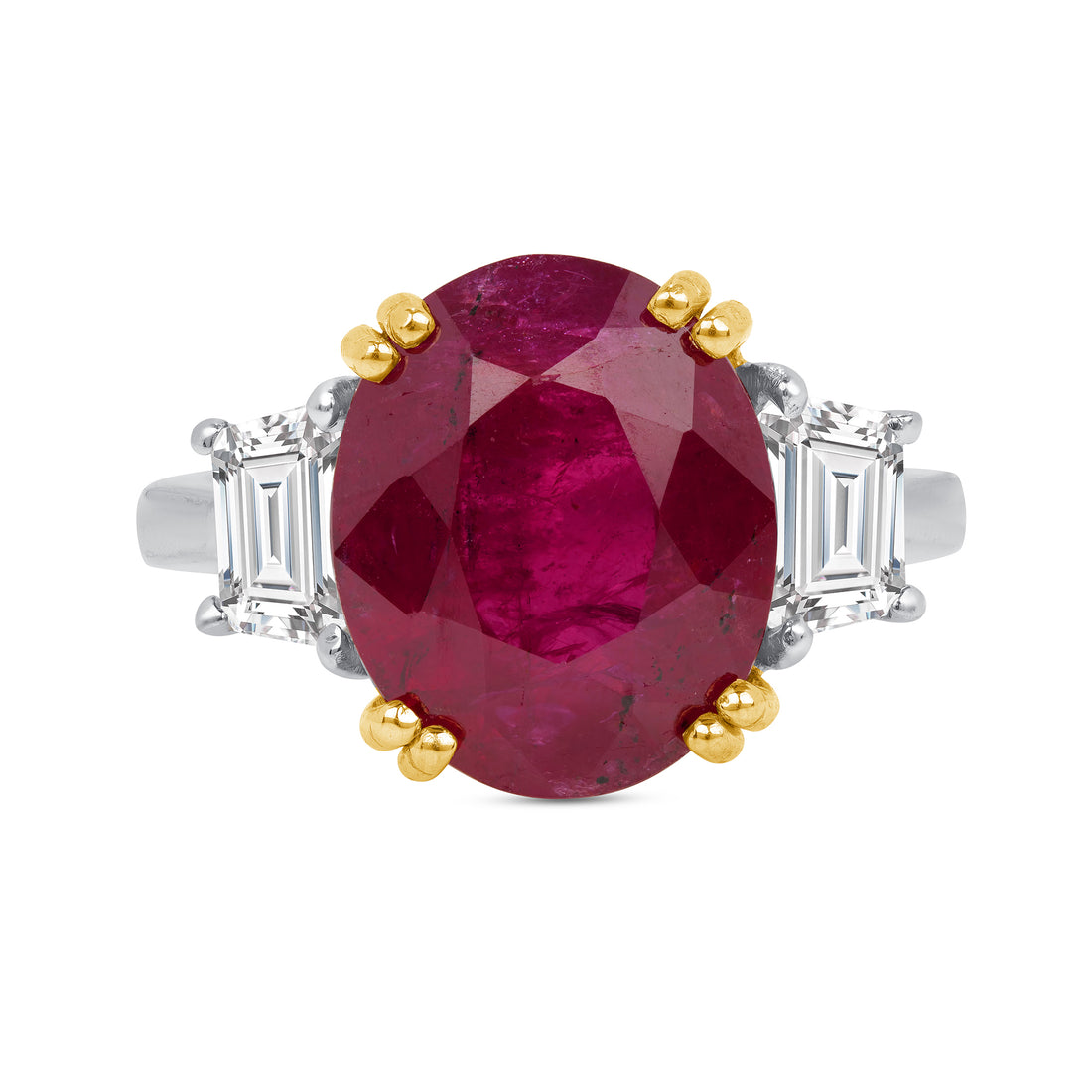 Oval Ruby and Trapezoid Diamond Three Stone Ring