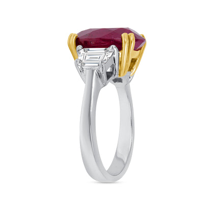 18K White Gold Oval Ruby and Trapezoid Diamond Three Stone Ring