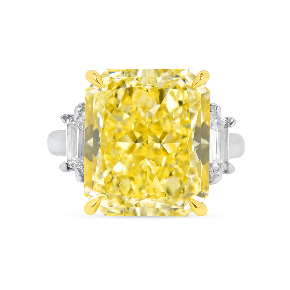 Radiant Cut Fancy Yellow Diamond and Trapezoid Shape Diamonds Ring