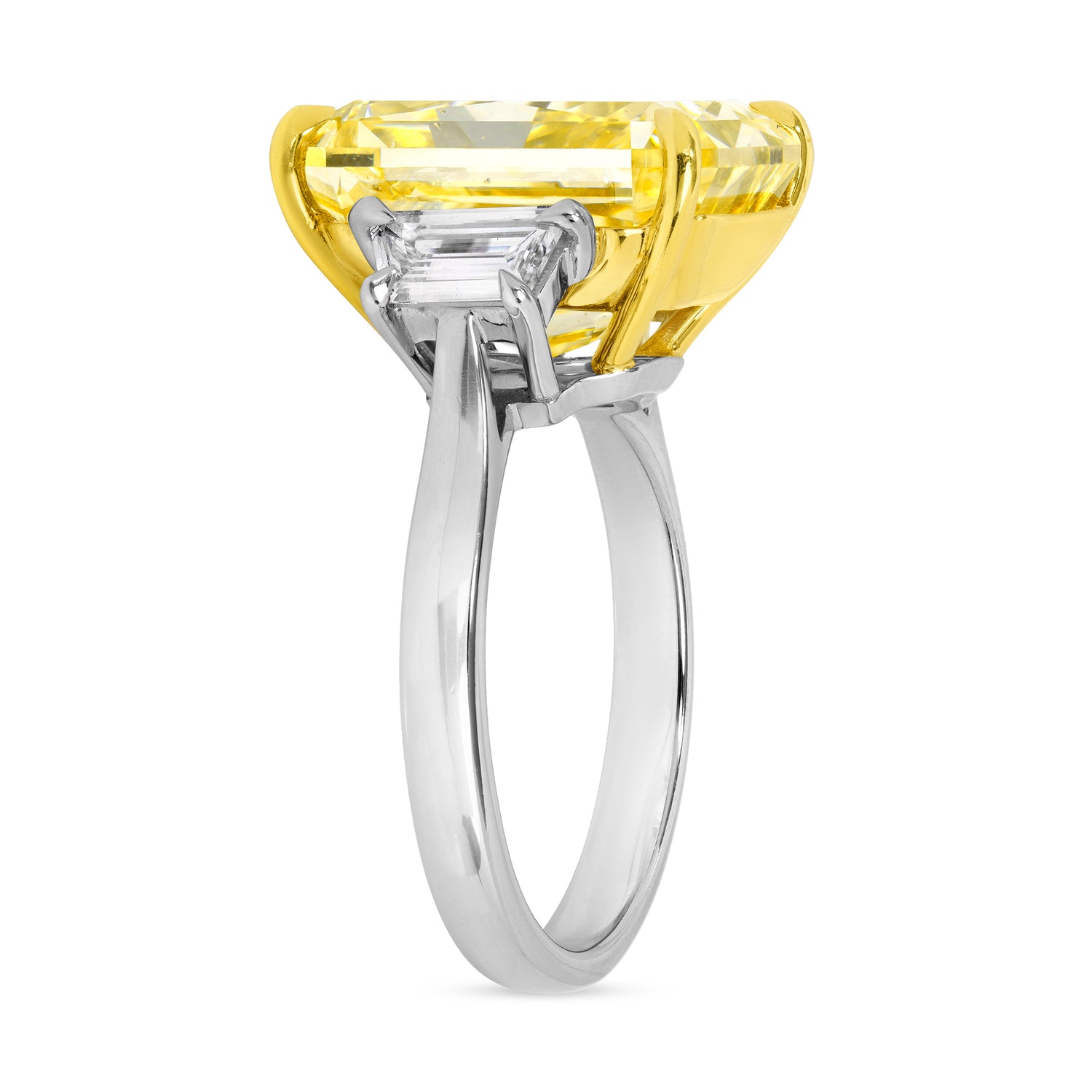 Radiant Cut Fancy Yellow Diamond and Trapezoid Shape Diamonds Ring