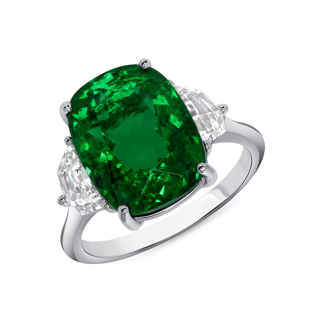 Cushion Cut Colombian Emerald and Two Diamonds on the Side Ring