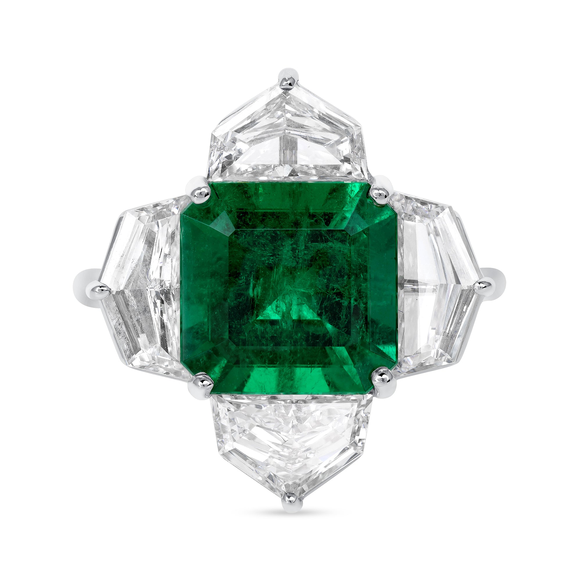 Square Emerald Cut Colombian Emerald and Four Cadillac Diamonds Ring