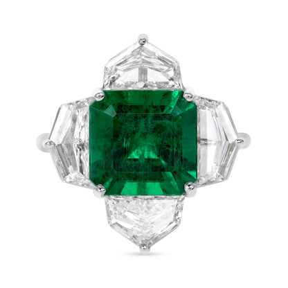 Square Emerald Cut Colombian Emerald and Four Cadillac Diamonds Ring