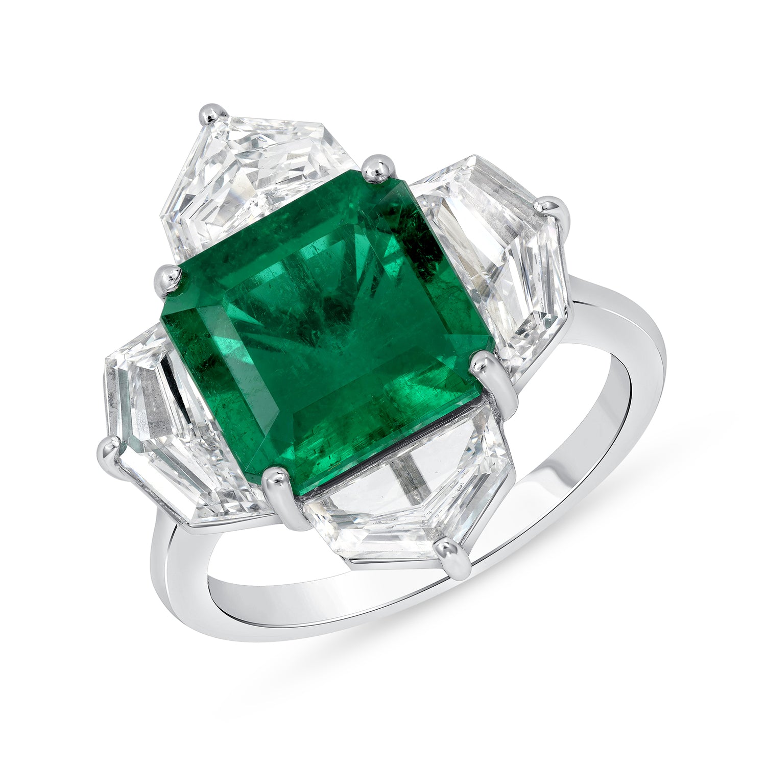 Square Emerald Cut Colombian Emerald and Four Cadillac Diamonds Ring