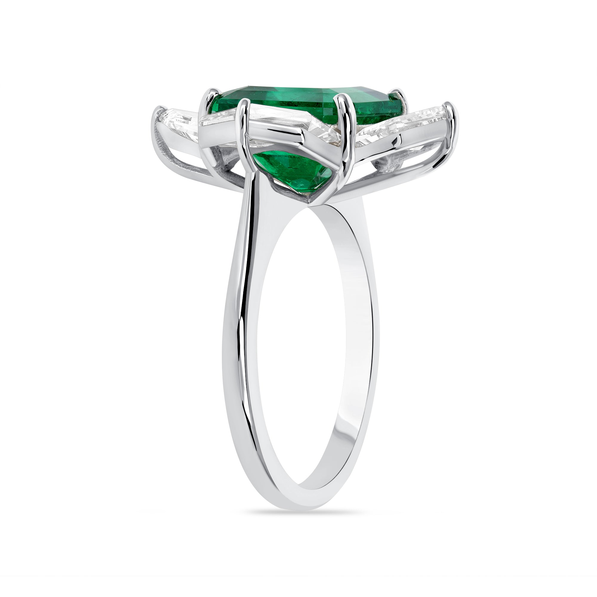Square Emerald Cut Colombian Emerald and Four Cadillac Diamonds Ring