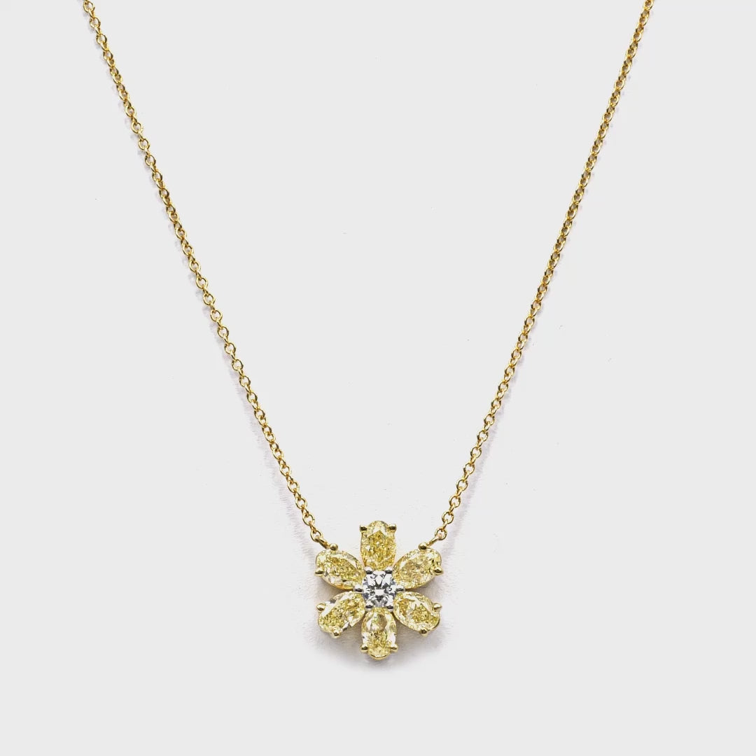 18k Yellow Gold Fancy Yellow Oval Diamonds Flower Pendant Necklace