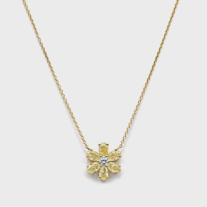 18k Yellow Gold Fancy Yellow Oval Diamonds Flower Pendant Necklace