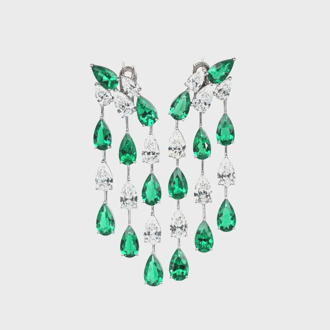 18K White Gold Pear Shape Emerald and Pear Shape Diamond Chandelier Earrings