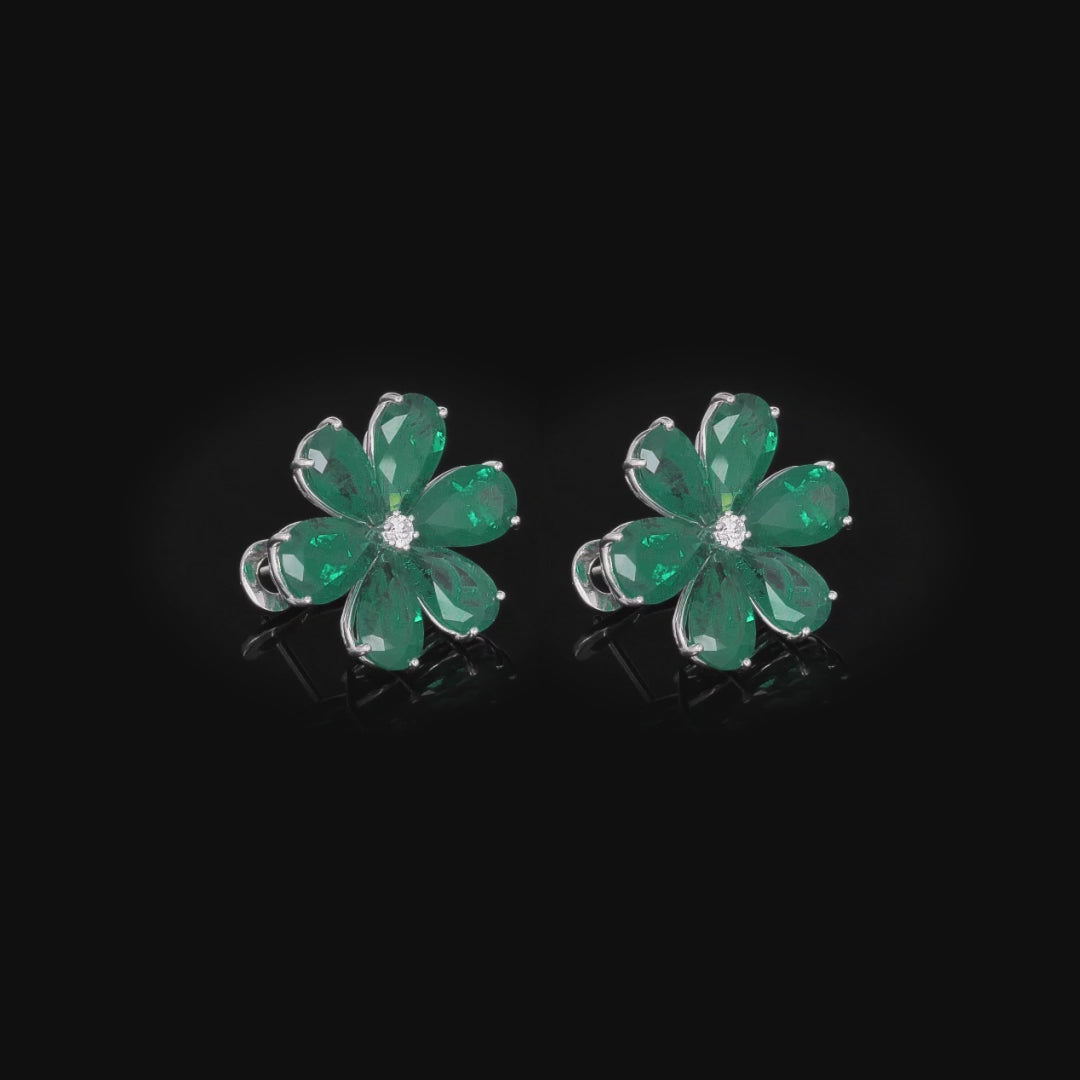 Pear Shape Emerald and Round Brilliant Diamond Flower Stud Earrings