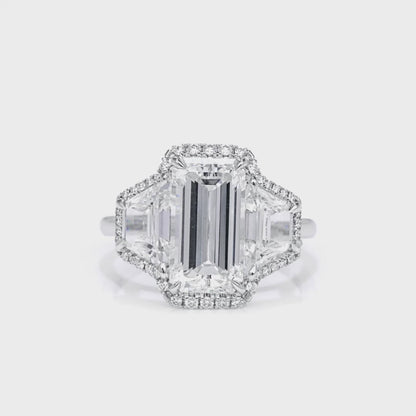 18k White Gold Pave Emerald Cut Diamond and Two Trapezoid Diamonds Halo Ring