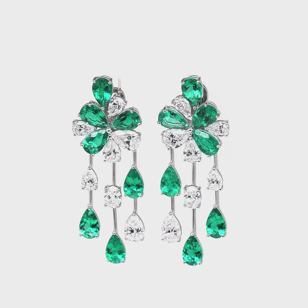 Pear Shape Colombian Emerald and Pear Shape and Oval Cut Diamond Platinum Earrings