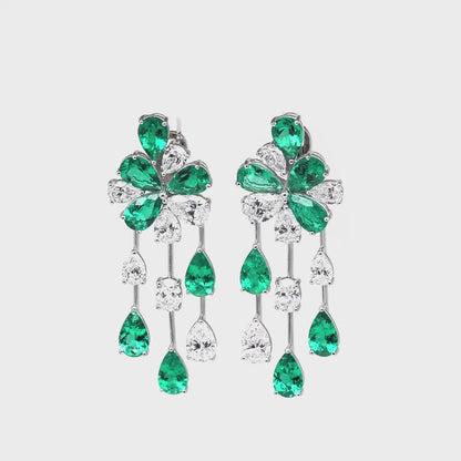 Pear Shape Colombian Emerald and Pear Shape and Oval Cut Diamond Platinum Earrings