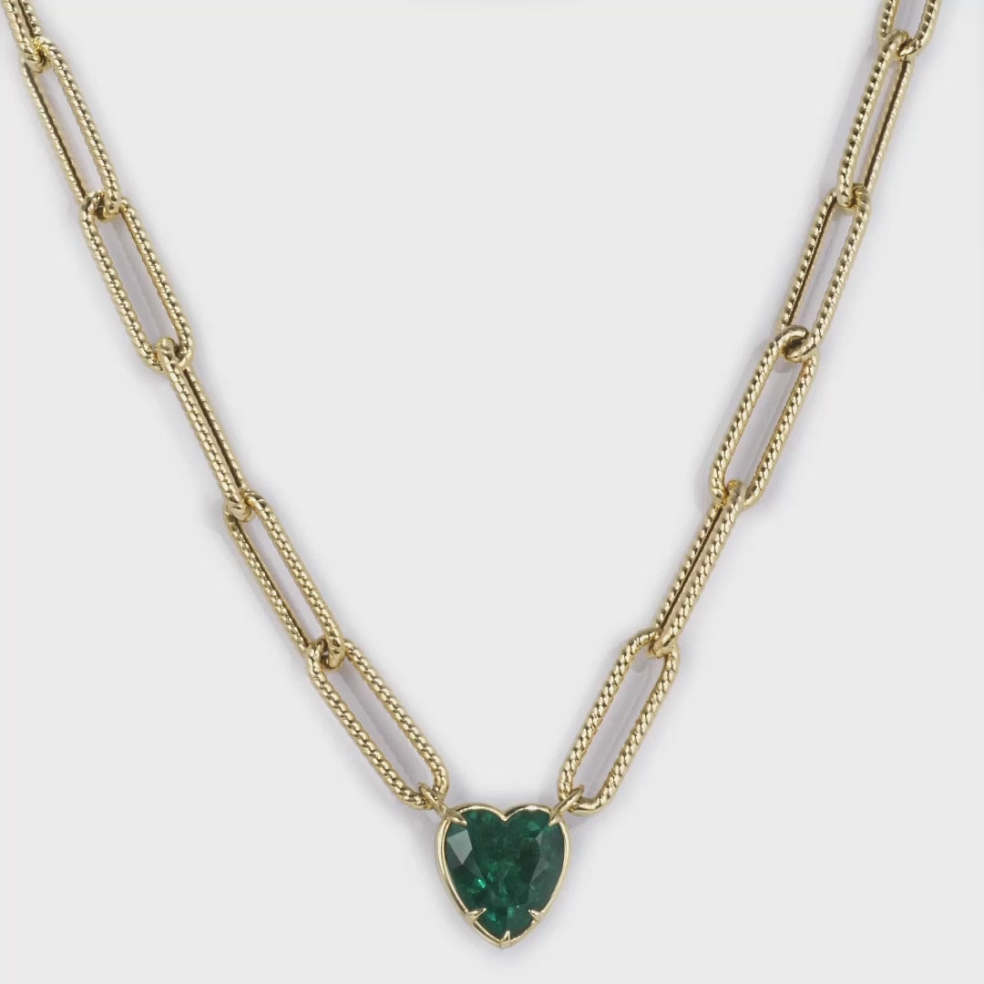 Heart Shape Emerald Pendant Paperclip Chain Necklace