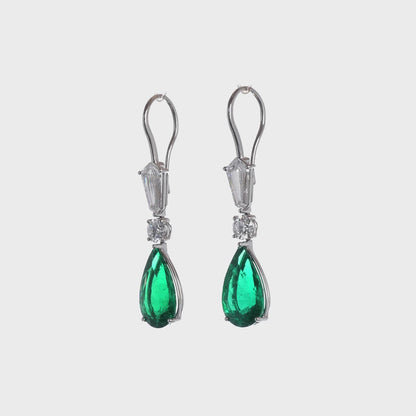 Pear Shape Colombian Emerald and Round Brilliant Diamond Platinum Earrings