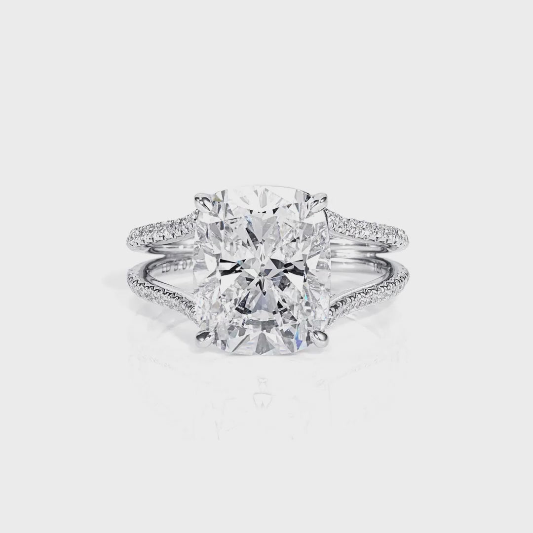 Cushion Cut Diamond Double Shank Ring with Pavé Diamonds