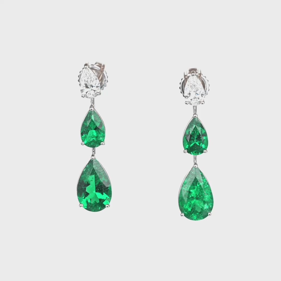 Pear Shape Emerald and Diamond Dangle Earrings