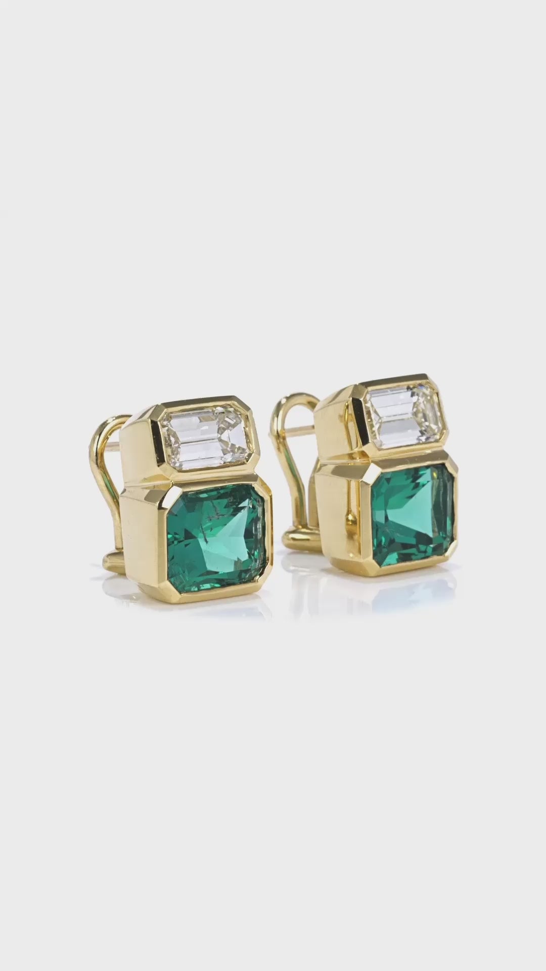 Green Emeralds and Emerald Cut Diamonds Earrings in 18k Yellow Gold