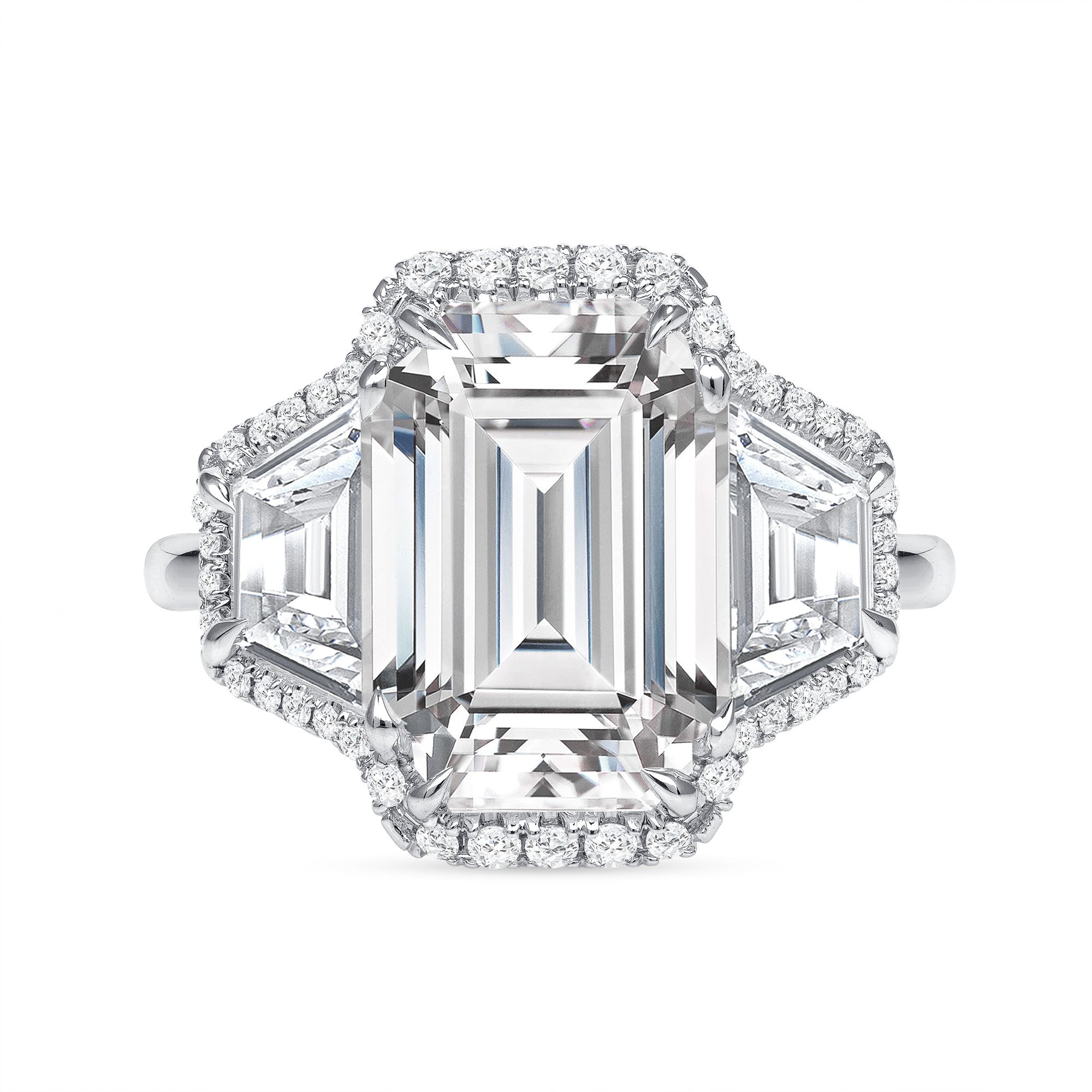 18k White Gold Pave Emerald Cut Diamond and Two Trapezoid Diamonds Halo Ring