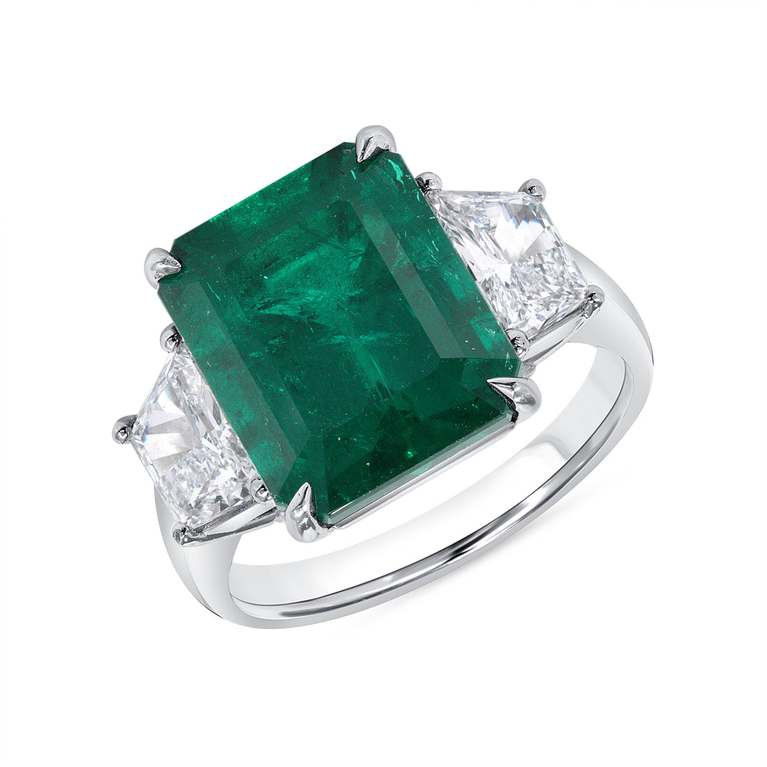 Emerald Cut Colombian Emerald and Trapezoid Cut Diamond Ring