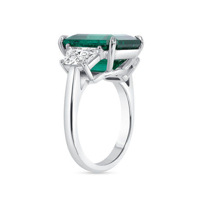 Emerald Cut Colombian Emerald and Trapezoid Cut Diamond Ring