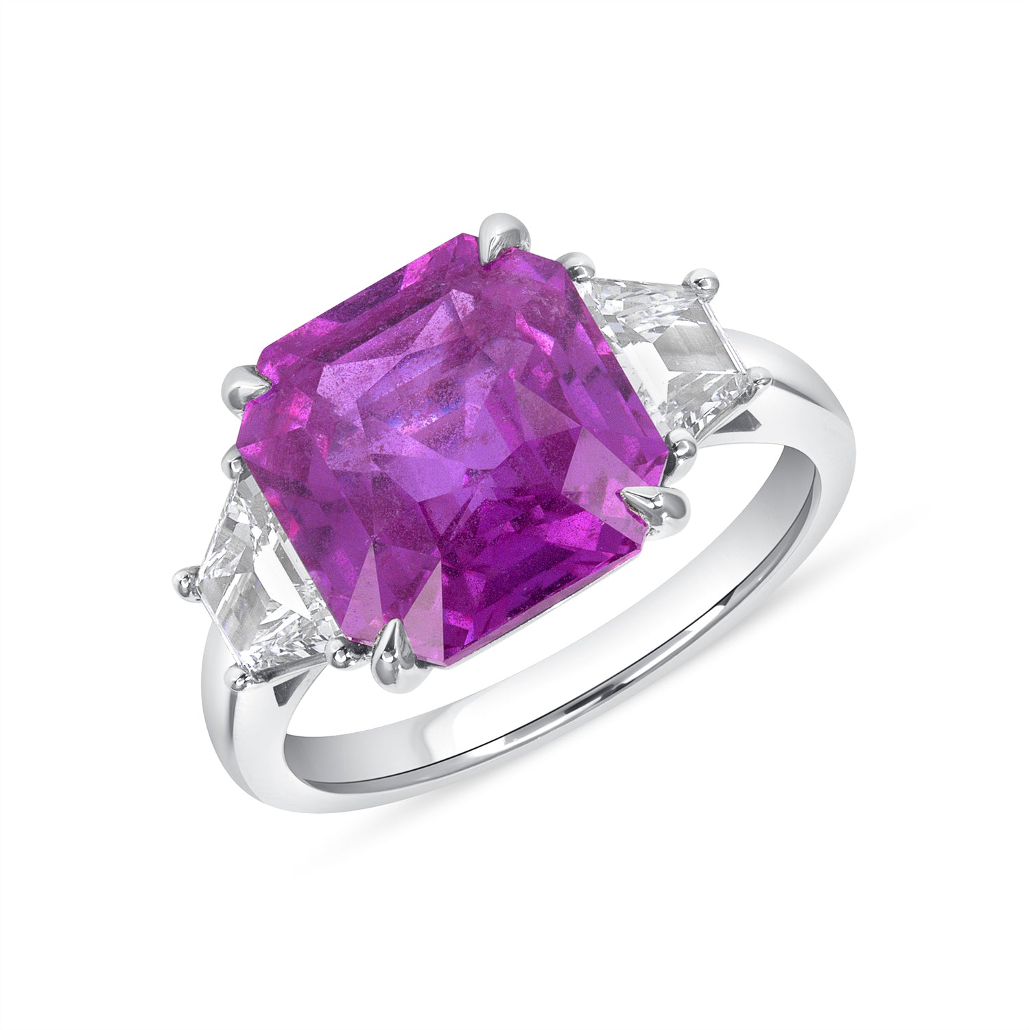 Emerald Cut Pink Sapphire and Trapezoid Cut Diamond Ring