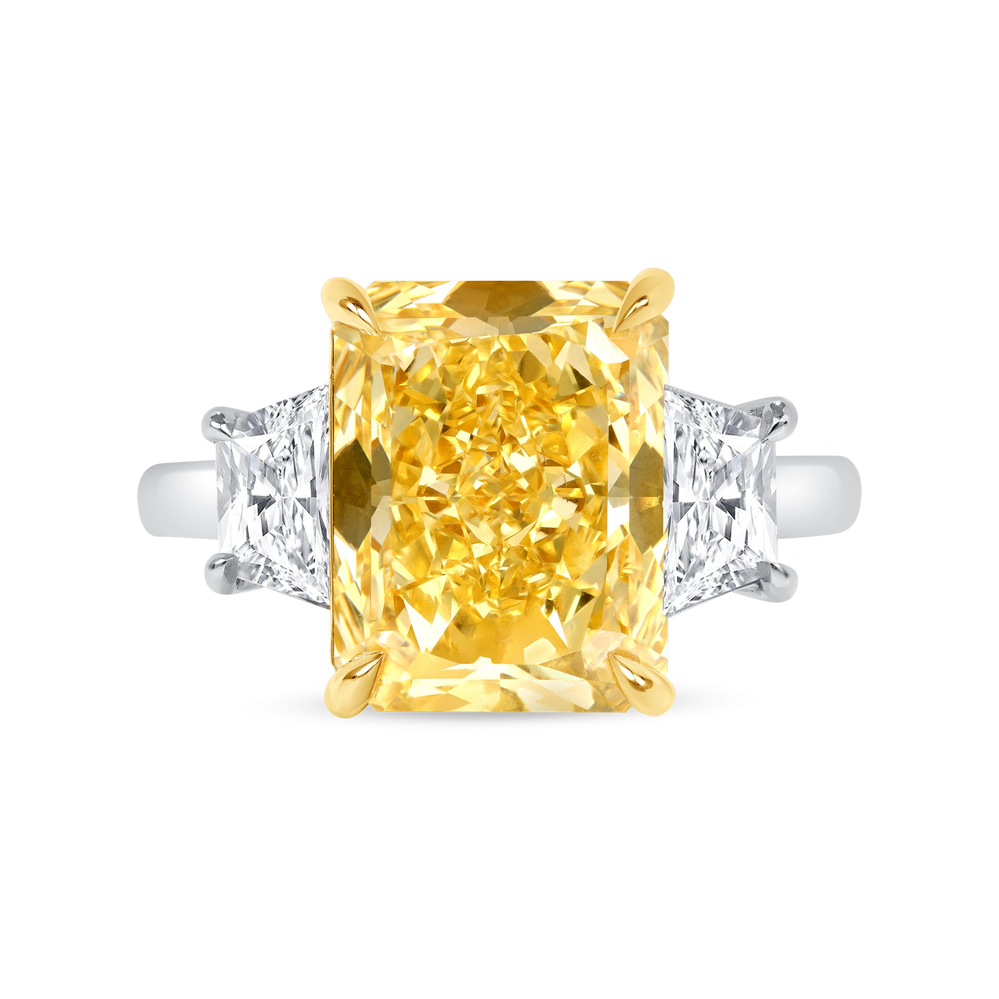 Radiant Cut Yellow Diamond and Trapezoid Diamond Three Stone Ring