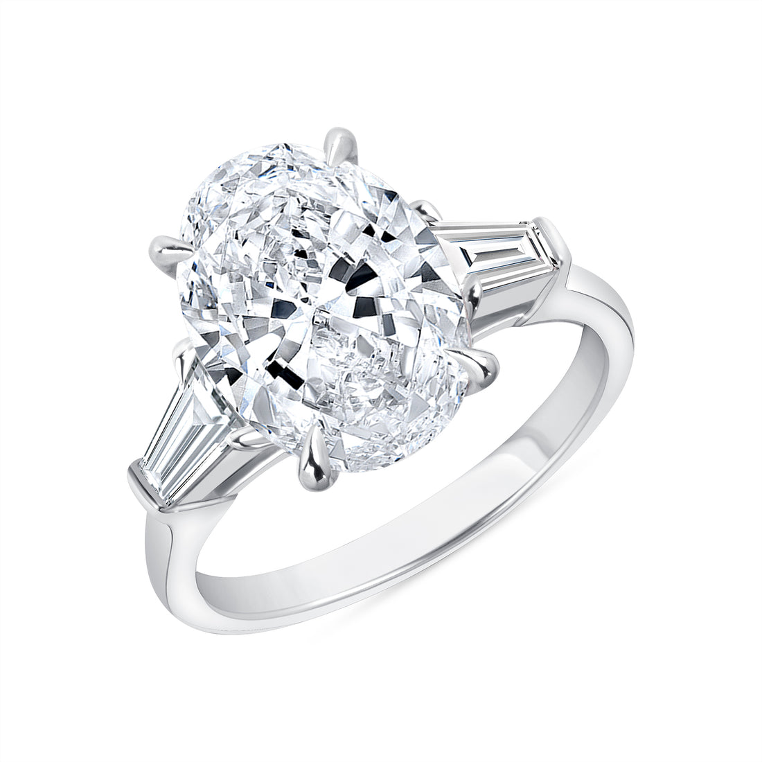 Platinum Oval Cut Diamond and Baguette Diamond Side Stone Ring