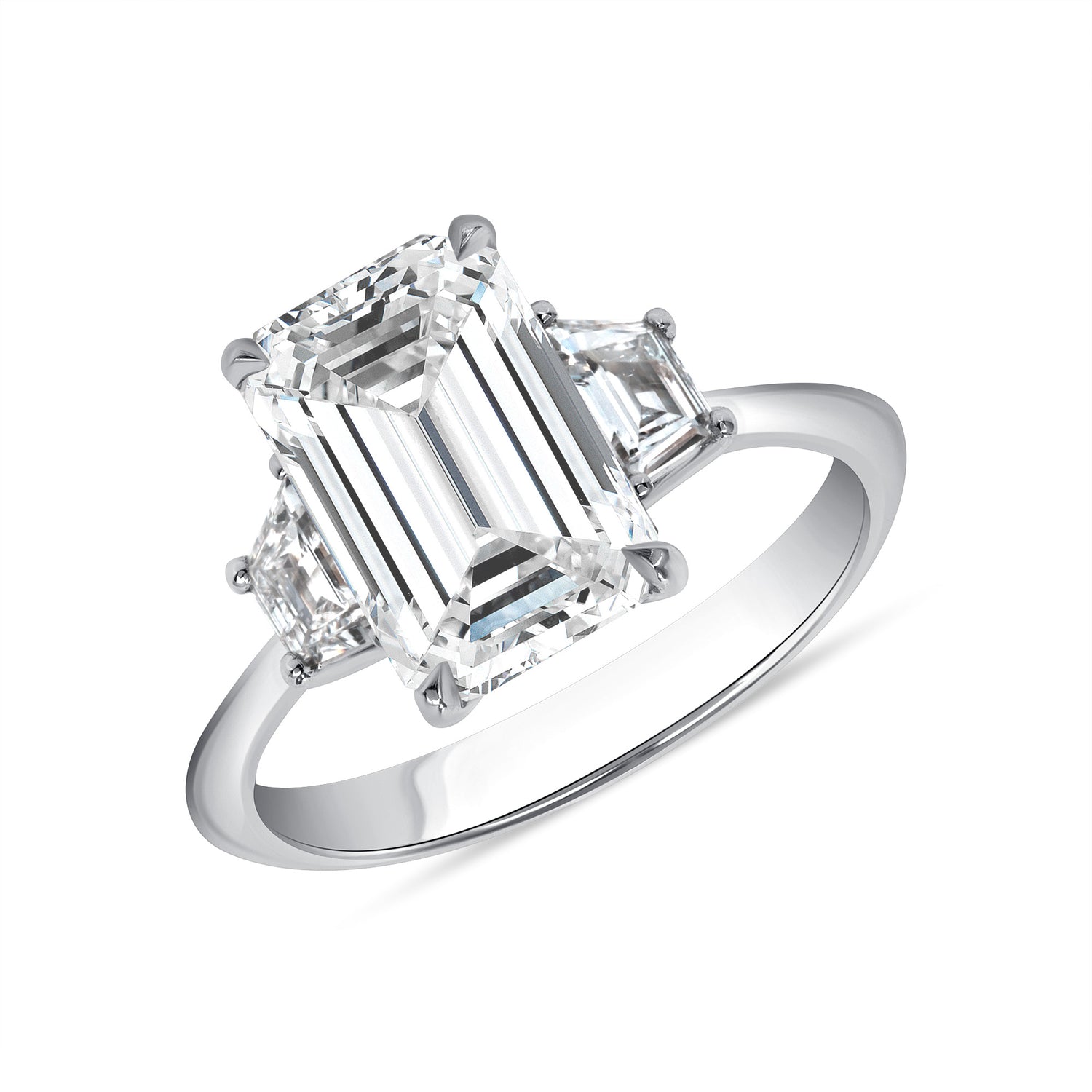 Emerald Cut Diamond and Two Trapezoid Diamonds Platinum Ring