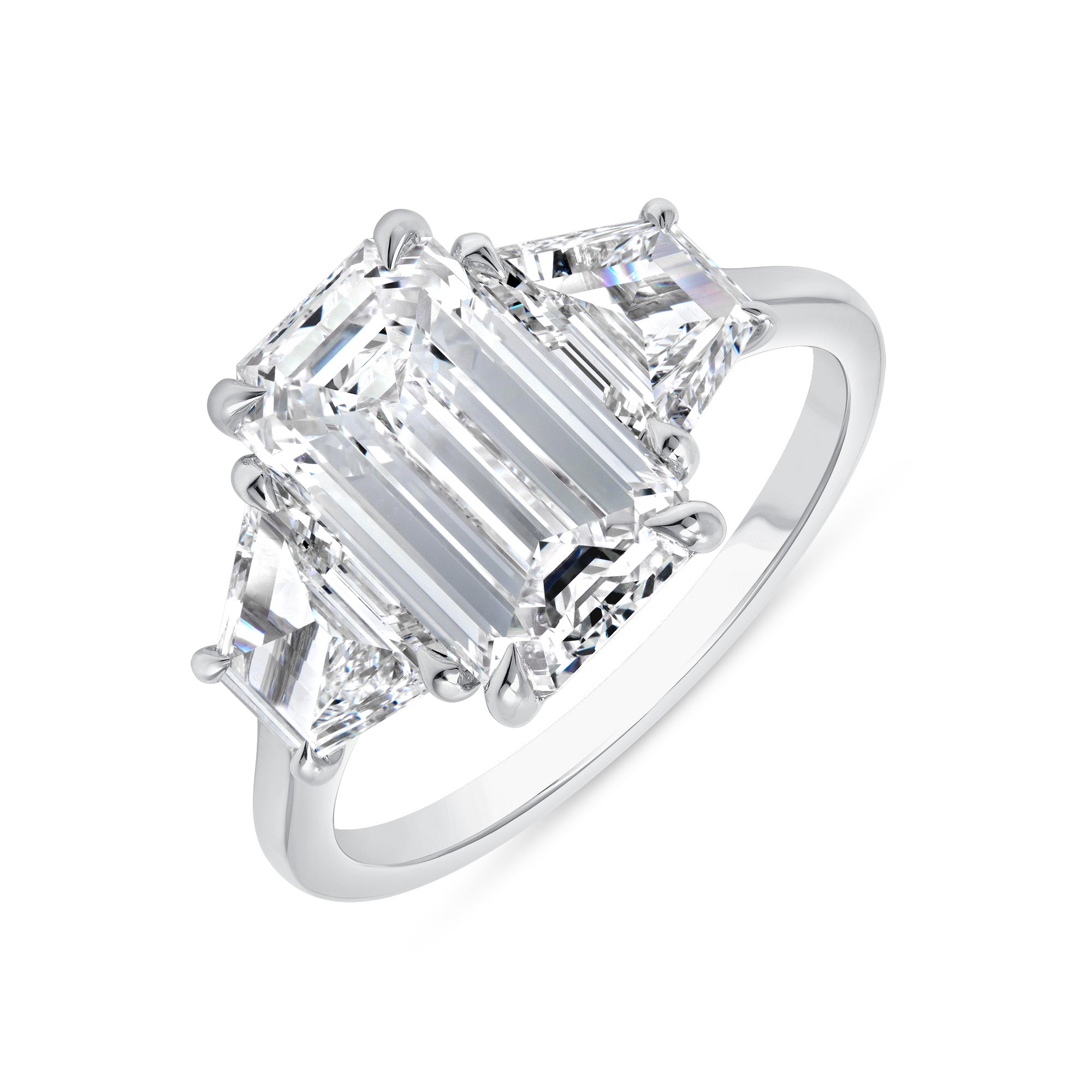Emerald Cut Diamond Center Stone and Two Trapezoid Shape On the Side 18K White Gold Ring